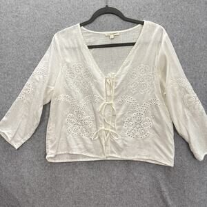 Christian Siriano Linen Blend Tie Front Top Sz S Cream Coquette Embroidered Boho